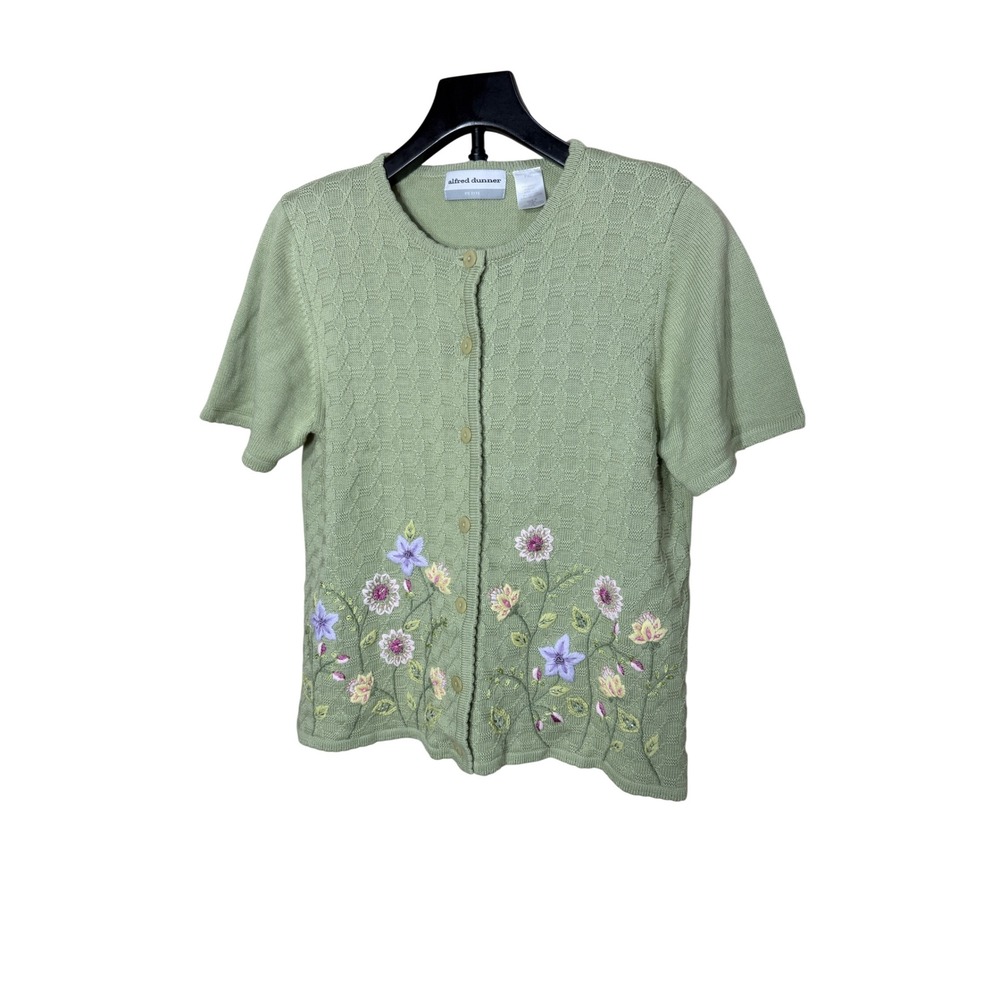 Alfred Dunner Petite Sage Green Floral Embroidered Beaded Cardigan Sweater PL